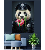 Polis Panda Ve Donut Keyfi Dekoratif Kanvas - Mdf Ahşap Tablo