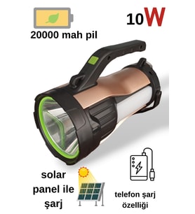 Ultra Güçlü 7 Farklı Moda Sahip Güneş Enerjili Powerbank Özellikli El Feneri T96