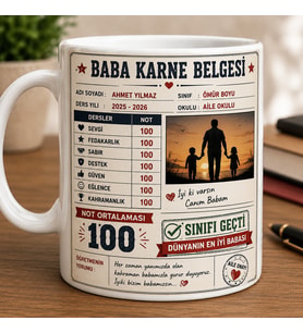 Kişiye Özel Baba Karne Belgesi Kupa Bardak İsme Özel Beyaz Seramik Kupa 330 ml Kahve ve Çay Kupası