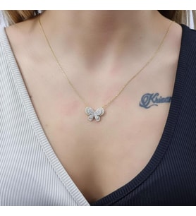 3 Boyutlu Çift Kelebek Zirkon Taşlı Gold Kaplama 925 Ayar Gümüş Kolye (Karışık)