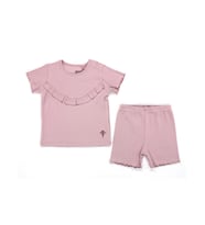 KD43027 Kaşkorse Fırfırlı Tişört Şort Takım (Pembe)