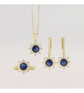 925 Ayar Gümüş Yuvarlak Safir Taşlı Gold Anturaj Gümüş Set