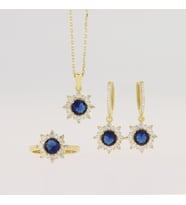 925 Ayar Gümüş Yuvarlak Safir Taşlı Gold Anturaj Gümüş Set