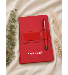 Kişiye Özel Kırmızı Cepli Defter Ve Roller Kalem