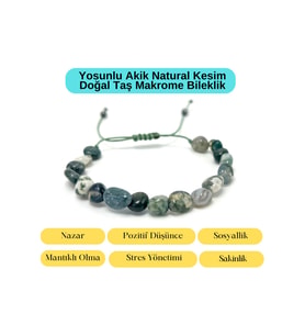 Sertifikalı Yosunlu Akik Natural Kesim Makrome Doğal Taş Bileklik Ayarlanabilir Ölçü