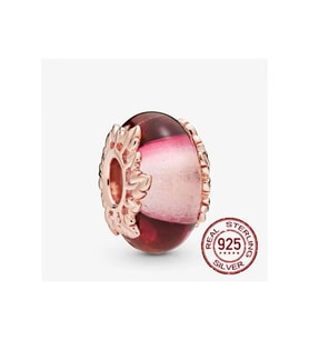 Gümüş Pembe Murano Camı ve Yaprak Charm'ı
