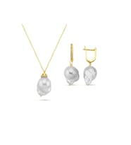 Barok İnci Kolye Küpe İkili Set (Sarı)