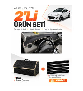 e-biz PEUGEOT 308 (2008-2014) Uyumlu Torpido Örtüsü + Deri Bagaj Çantası Seti - Siyah-Bej - PE013