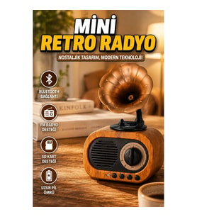 Şarjlı Retro Mini Bluetooth Hoparlör FM Radyo USB SD Kart AUX Destekli 5W