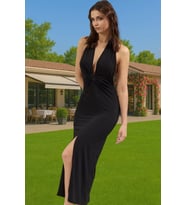 Maxi Örme Plaj Elbisesi V Yaka Bodycon Aksesuarlı Yazlık Şık Görünüm Özenle Seçilmiş Rahat Ve Şık (Siyah)