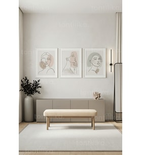 Minimalist Çizgi Sanatı Kadın Yüzleri 3’lü Ahşap Çerçeveli Tablo Seti