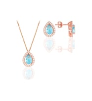 Söğütlü Silver Gümüş rose akuamarin taşlı damla modeli ikili set