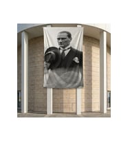 Takım Elbiseli Ulu Önder Gazi Mustafa Kemal Atatürk Poster Bayrak Premium Raşel Kumaş ATA69 2x3m