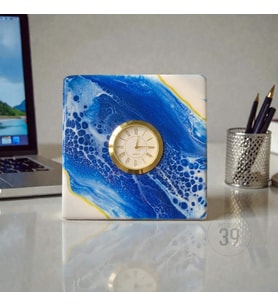 15x15 cm El Yapımı Geode Masa Saati – Gümüş Quartz Masaüstü Saat – 5 cm Kalınlık (Mavi-Gold)