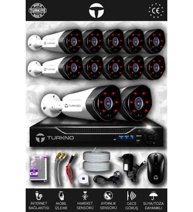 TURKNO 12 Kameralı Galia 12 Dış Kamera Set HDD'siz Full HD Gece Görüşlü Güvenlik Kamerası Sistemi