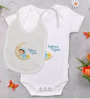 BK Kids Uykucu Oğlan Tasarımlı Bebek Body Zıbın ve Mama Önlüğü Hediye Seti - Model 1