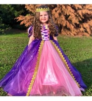 Kız Çocuk Rapunzel Kostüm - Taçlı Pelerinli Tarlatanlı Rapunzel Kız Çocuk Elbisesi
