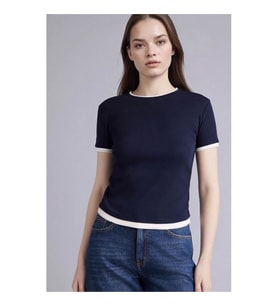 Defacto %100 Pamuk Slım Fıt Ribana Lacivert Kadın T-Shirt F3504AX/NV245