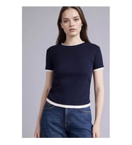 Defacto %100 Pamuk Slım Fıt Ribana Lacivert Kadın T-Shirt F3504AX/NV245