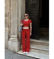 Crop pantolon biyeli takım kırmızı