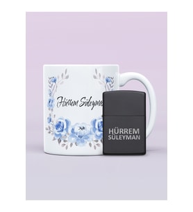 Çiçek Desenli İsimli Kupa Bardak ve Kişiye Özel İsimli Zippo (Siyah - Beyaz)