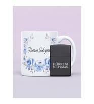 Çiçek Desenli İsimli Kupa Bardak ve Kişiye Özel İsimli Zippo (Siyah - Beyaz)