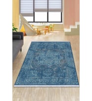 Mavi Vintage Dokuma Pamuk Tabanlı Kaymaz Kilim KLM235