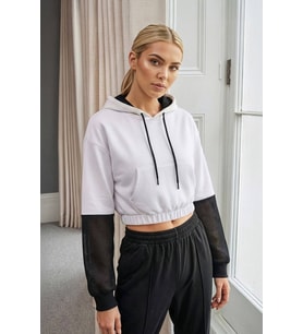 Kadın Kapüşonlu Cepli Siyah-Beyaz Crop Sweatshirt