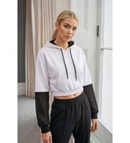 Kadın Kapüşonlu Cepli Siyah-Beyaz Crop Sweatshirt