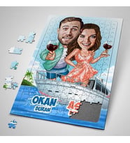 Sevgiliye Hediye Kişiye Özel Mavi Tur Karikatürlü Puzzle