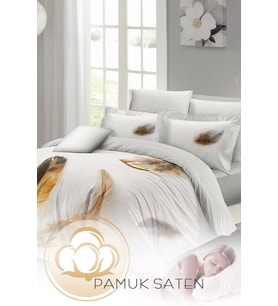 Çift Kişilik ( Lastikli Çarşaflı ) %100 Pamuk Saten Nevresim Takımı Lucky Feather