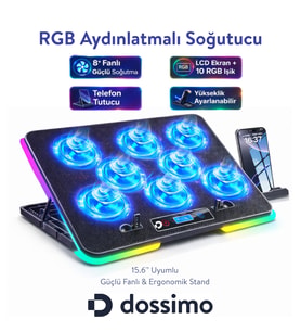Dossimo Nitro RGB Işıklı 8 Fanlı LCD Göstergeli 2 Usb Girişli Yükselebilen Notebook Soğutucu S23
