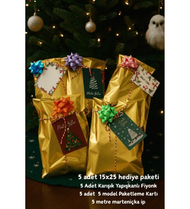 Gold Paketleme Seti  Fiyonklu Kartlı 15x25 Hediye Poşeti - Yılbaşı Hediye Poşeti
