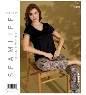 Seamlife Kadın Extra Yumuşak %100 Pamuk V Yaka Milan Kısa Kollu Pijama Takımı (Siyah)