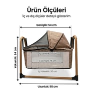 Lüks Taşınabilir Portatif Bebek Beşiği - Cibinlikli ve Tenteli Sallanır Anne Yanı (Kahverengi)
