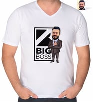 BK Gift Kişiye Özel Erkek Big Boss Karikatürlü V Yaka Tişört-1 (Beyaz)
