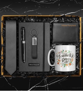 Öğretmenler Gününe Özel Siyah Defter & Tasarım Kupa & Exclusive Kravat & Anahtarlık & Roller Kalem & Cüzdan Hediye Seti