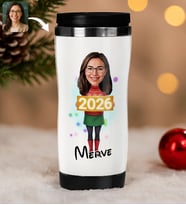 BK Gift Kişiye Özel Kadın Yılbaşı Karikatürlü Çelik Termos Bardak - 5, Yılbaşı Hediyesi, Yeni Yıl Hediyesi