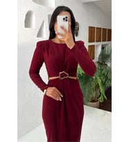 Neşeli butik kadın bel dekolteli toka detaylı uzun kollu elbise NBMY3655 (Bordo)