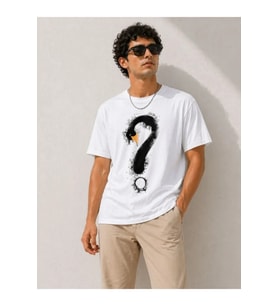 Erkek Kuğu Figürlü Soru İşareti Baskılı Tişört Kısa Kol T-Shirt - Beyaz