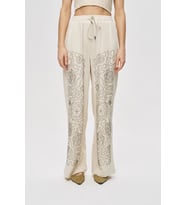 Kadın Etnik Nakışlı Viskon-Keten Bol Paça Pantolon (Natural)