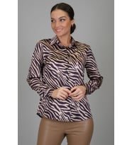 SWEETNESS Kadın Siyah Bej  Zebra Desenli Likralı Saten Uzun Kol Abiye Gömlek DK 1005