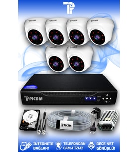 PICAM 6 Kameralı Dome 6 İç Kamera Set 250 GB HDD Full HD Gece Görüşlü Güvenlik Kamerası Sistemi