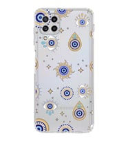 PrintiFy Samsung Galaxy M22 ile Uyumlu Nazar Boncuğu 5  Kamera Korumalı Şeffaf Silikon Kılıf
