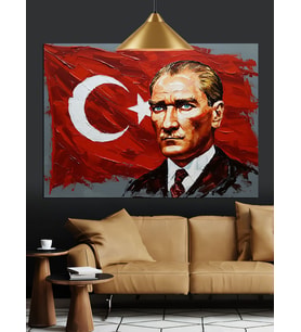 Türk Bayrağı Önünde Atatürk Dekoratif Kanvas - Mdf Ahşap Tablo