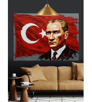 Türk Bayrağı Önünde Atatürk Dekoratif Kanvas - Mdf Ahşap Tablo