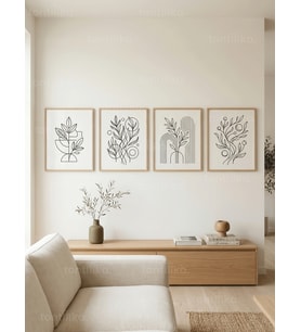 Minimalist Bitki Çizimleri 4’lü Ahşap Çerçeveli Tablo Seti