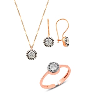 Gümüş rose elmas montörlü üçlü set 
