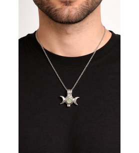 Üçlü Ay Figürlü Yeşil Doğal Taşlı Unisex Kolye 60 cm Zincir