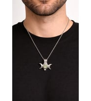 Üçlü Ay Figürlü Yeşil Doğal Taşlı Unisex Kolye 60 cm Zincir